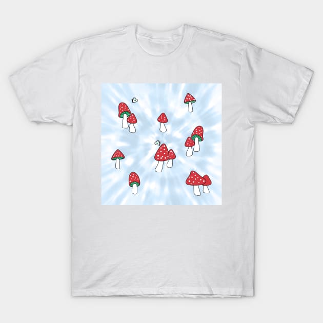 Aesthetic Red Hatted Mushrooms and Butterflies on a Light Blue Pastel Tie Dye Background T-Shirt by YourGoods